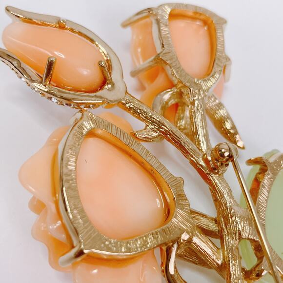 Nolan Miller Ann Margaret Faux Coral & Jade Rose Brooch Pin Rhinestones Large - Picture 8 of 12